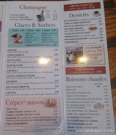 Prices of Paris bars, Menu in the cafe-bar